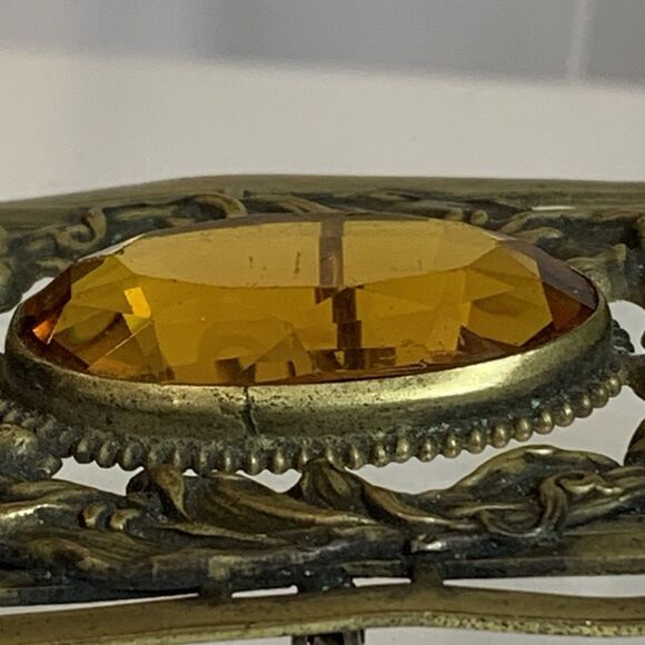 Antique Art Nouveau Brass Sash Pin Amber Glass Stone Open C Clasp 1910s Brooch - Picture 6 of 13